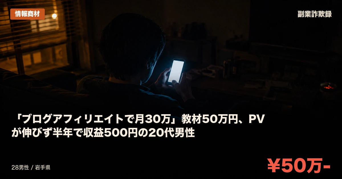 「ブログアフィリエイトで月30万」教材50万円、PVが伸びず半年で収益500円の20代男性