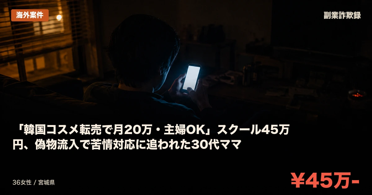 「韓国コスメ転売で月20万・主婦OK」スクール45万円、偽物流入で苦情対応に追われた30代ママ