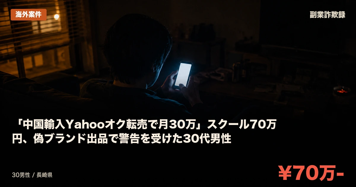 「中国輸入Yahooオク転売で月30万」スクール70万円、偽ブランド出品で警告を受けた30代男性